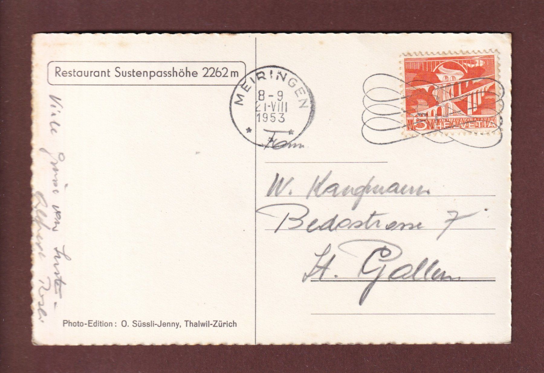 Cartoline postali: SUSTENSTRASSE - Wendenplatte - 1953 – Usato da Pully venduto da nicecards 1