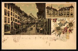 Lithographie Thun, Straßenpartie der Hauptgasse, Marktplatz