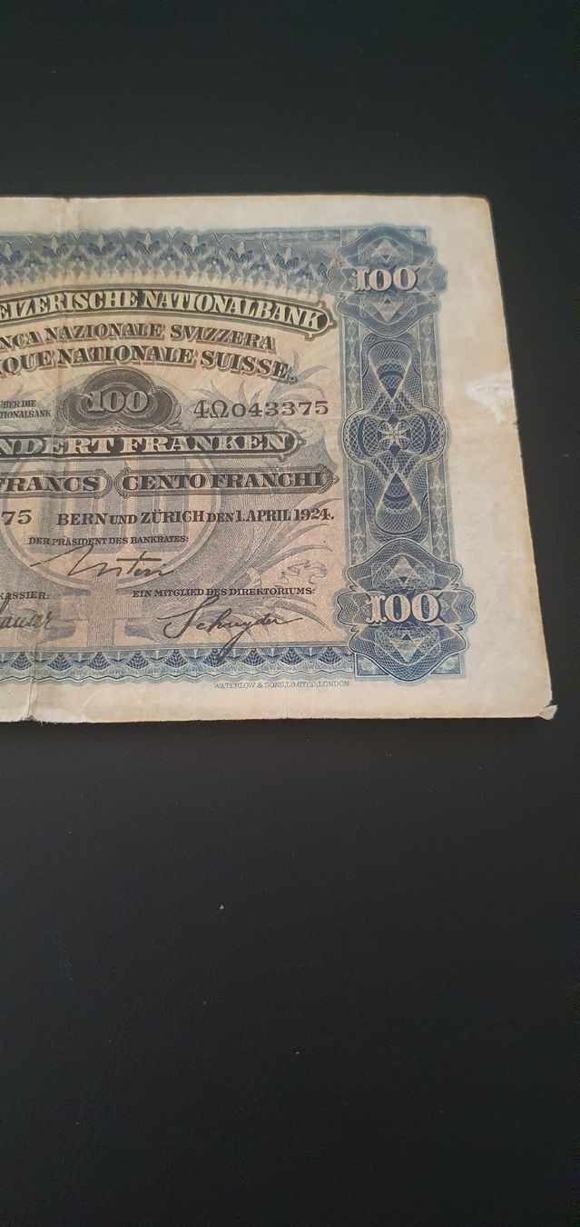 Banknoten: 100 Franken Typ Mäher 1924 – Gebraucht aus Baden von Vinci2008 2