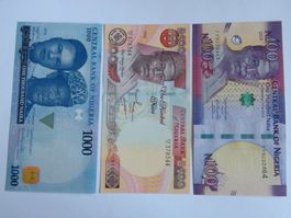 Banknoten Nigeria 1000 und 100 Naira Konvolut, 3 Stück, Neu