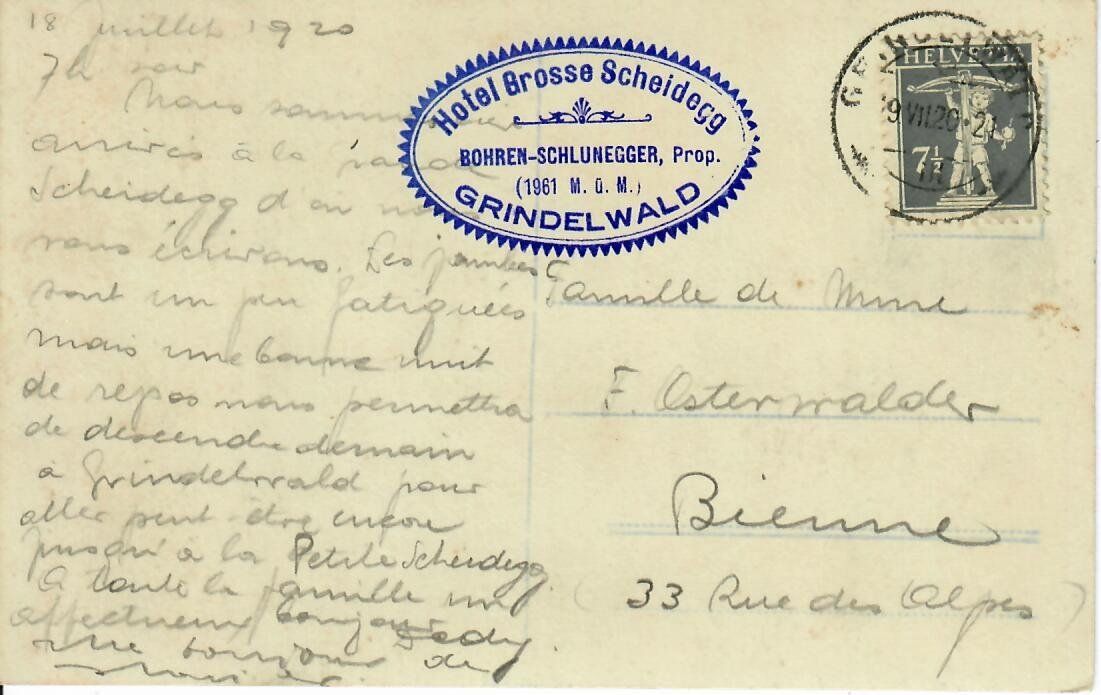 Ansichtskarten: Hotel Gr. Scheidegg  1920 – Gebraucht aus Hochdorf von Ziegel-16 1
