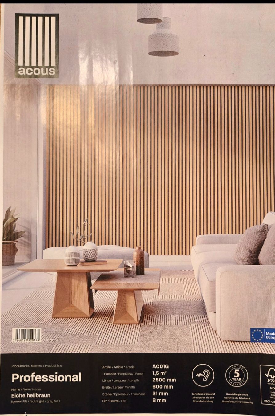 Pareti & Soffitti: Acous Akustikpaneele Eiche hellbraun, 4 Stk. 2500x60cm - Neu – Nuovo e nell'imballaggio originale da Horgen venduto da Vladi