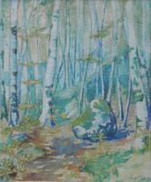 Findling Birken im Frühlingswald sign. Jacot 1916