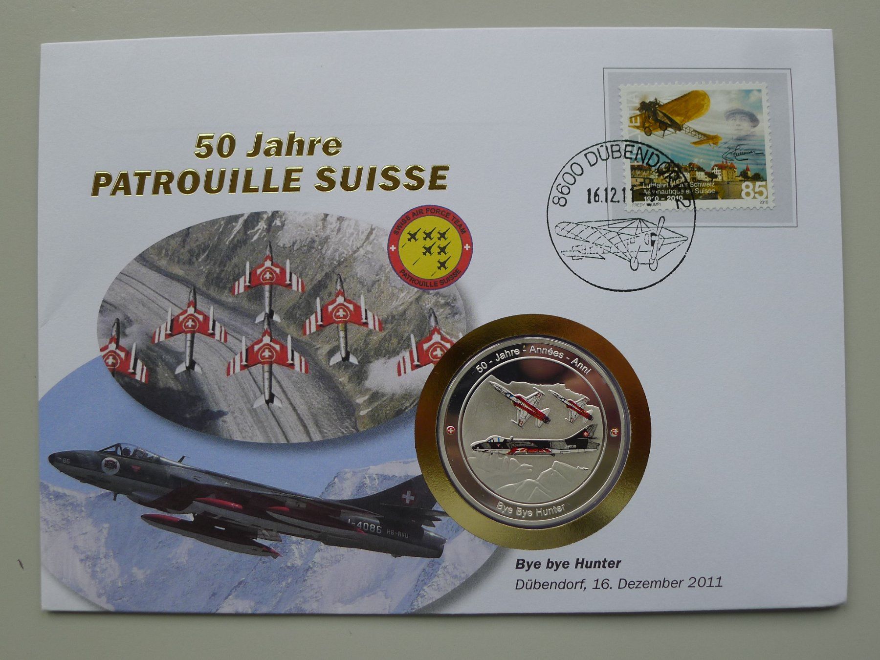 Tutti i francobolli: 2011, Numisbrief "Bye bye Hunter" 50 Jahre Patrouille Suisse – Usato da Sursee venduto da Luzernerraute