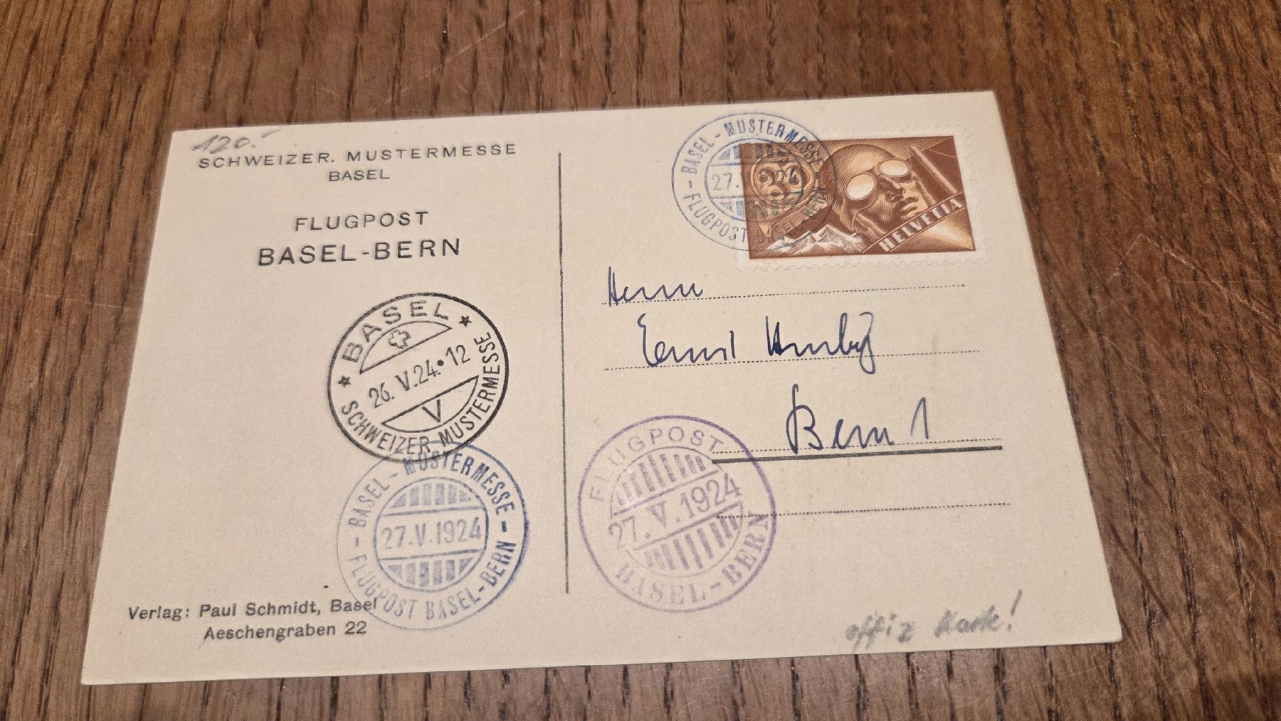 Tutti i francobolli: 1924 Flugpost Basel -Bern offizielle Ansichtskarte – Usato da Arni AG venduto da Moth68