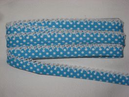 Schrägband BW türkis mit weissen Tüpfli und Spitze