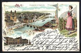 Litho Zürich, Grossmünster mit Alpen, 