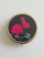 Vintage Pillendose / Tablettenbox goldfarben mit Rosenmotiv