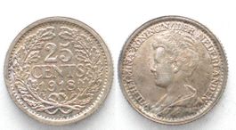 NIEDERLANDE 25 Cents 1918 WILHELMINA unz