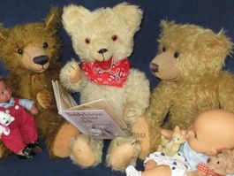 Antiker Teddy Bär, Teddybär mit Ton + Zunge, Mohair, Stroh