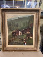 Peinture Huile Saas-Grund 1958, Scène Villageoise Suisse.