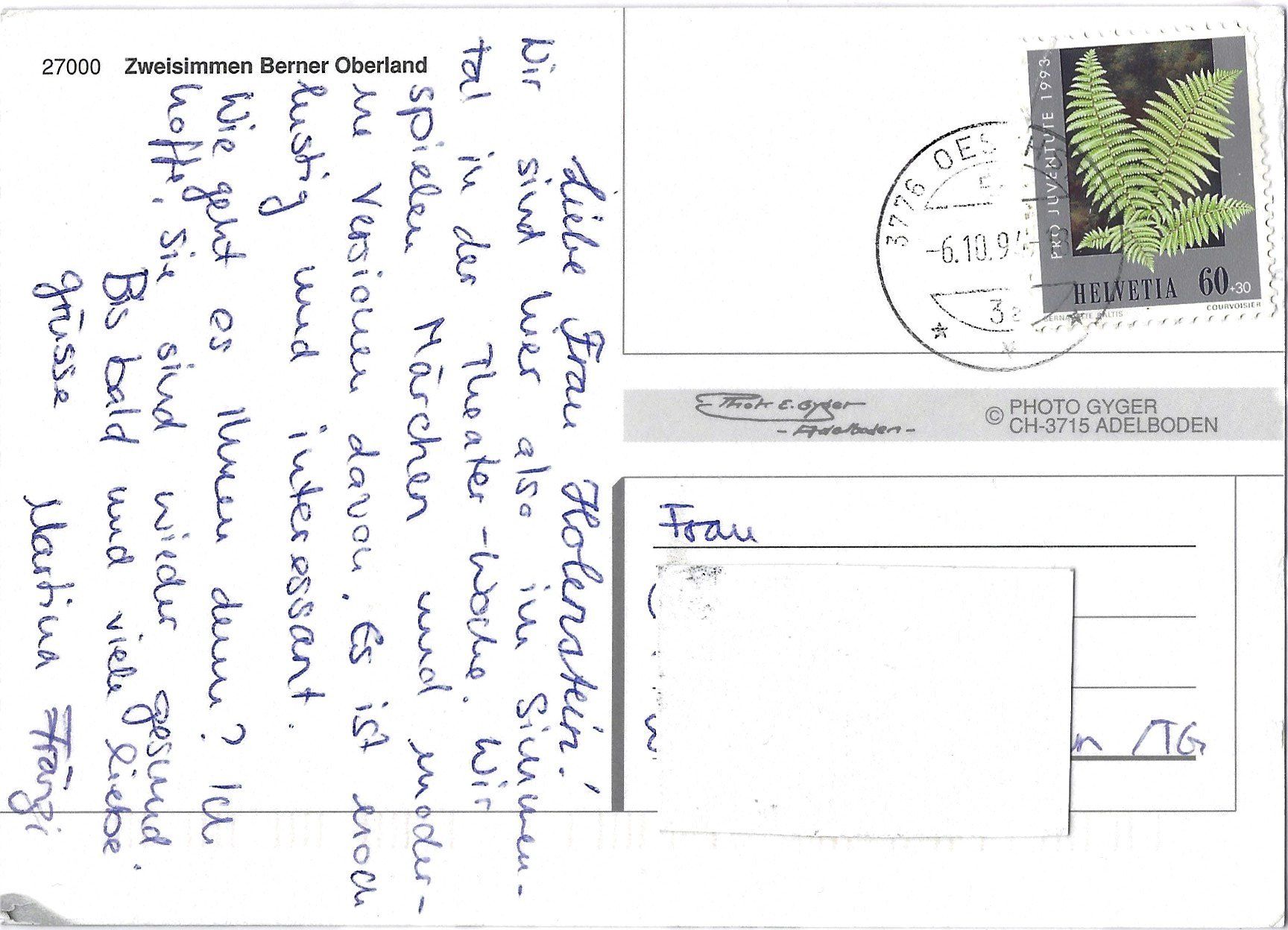 Cartoline postali: 27000   Zweisimmen Berner Oberland – Usato da Bütschwil venduto da Jackson1A 1