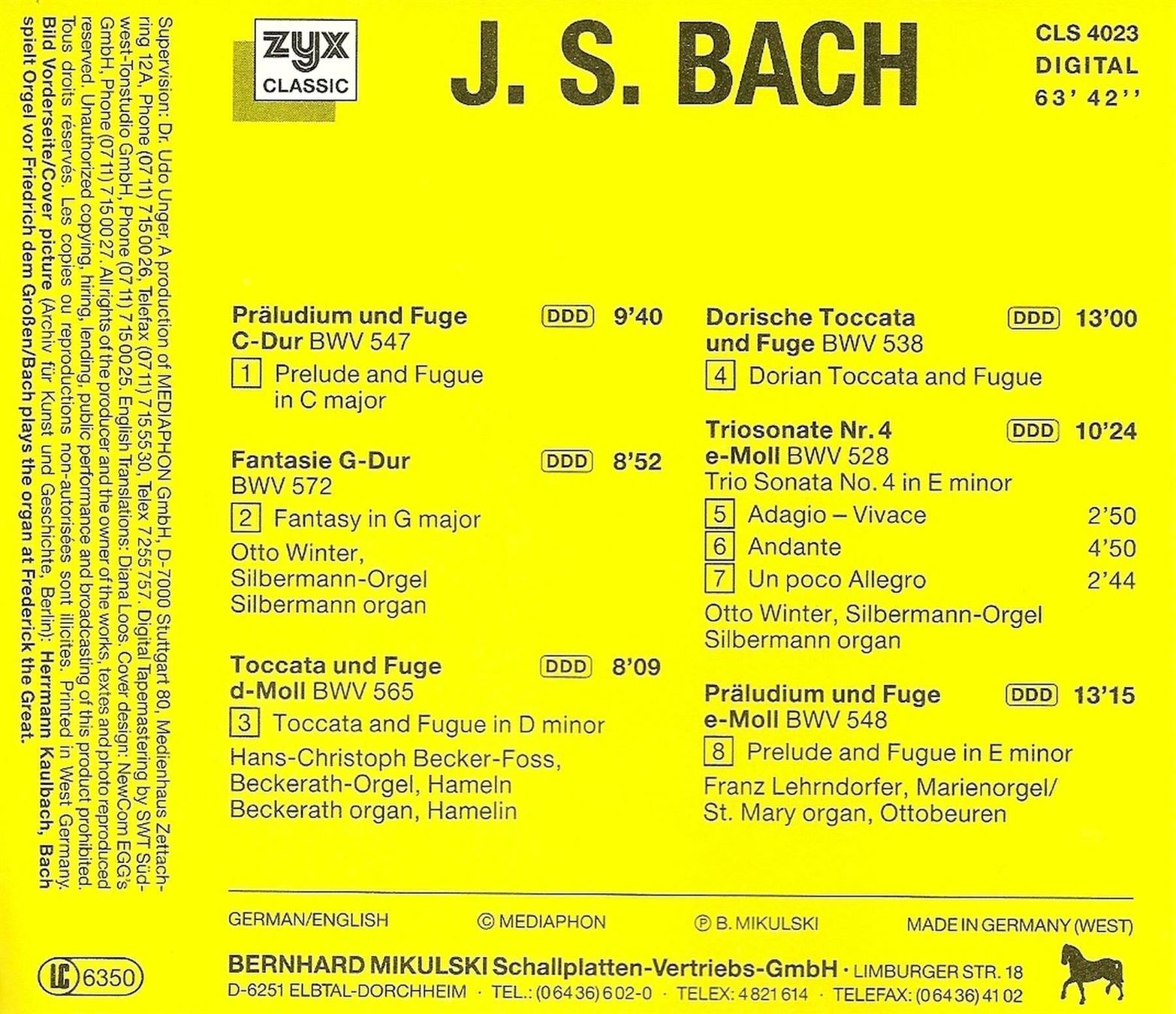 CD: J.S.Bach - Die grossen Orgelwerke – Usato da Hombrechtikon venduto da Luetzelsee 1