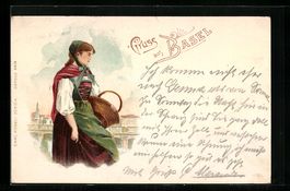 Litho Basel, Balserin in Tracht mit Korb
