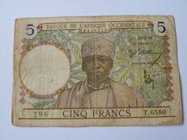 5 Francs, Banque Afrique Occidentale, 1939, Rarität!