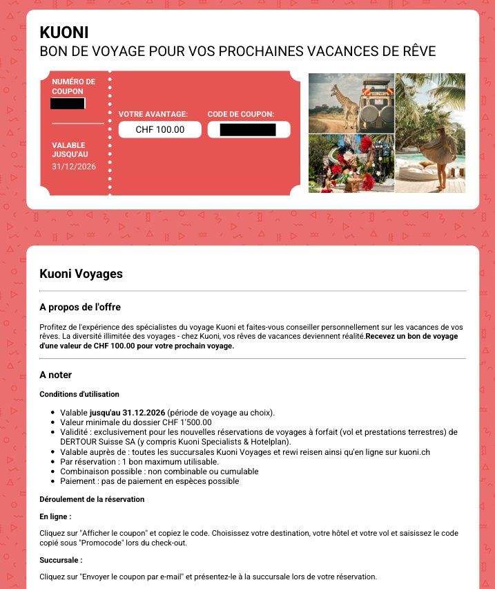 Buoni: Bon Kuoni valeur 100 francs – Nuovo e nell'imballaggio originale da Rossemaison venduto da Rapha8