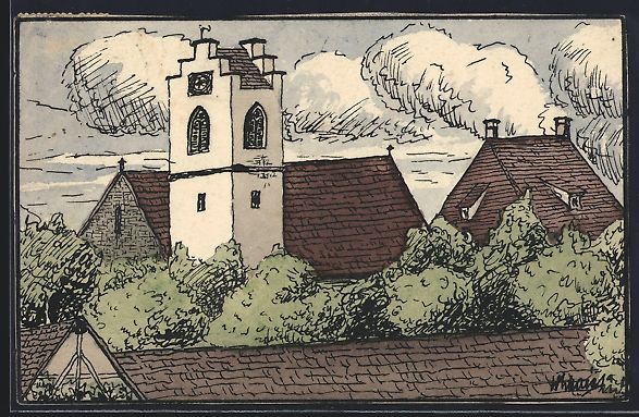 Cartoline postali: Handgemalt: Tengen, Blick auf die Kirche – Usato da Berlin venduto da bartko-reher