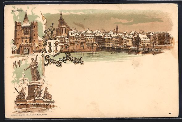 Ansichtskarten: Winter-Lithographie Basel, St. Jakobdenk – Gebraucht aus Berlin von bartko-reher