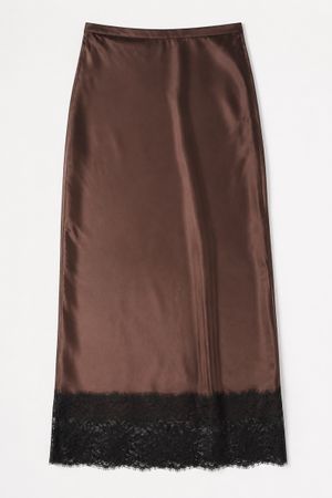 LZ Moda langer Satinrock in Braun mit schwarzer Spitze