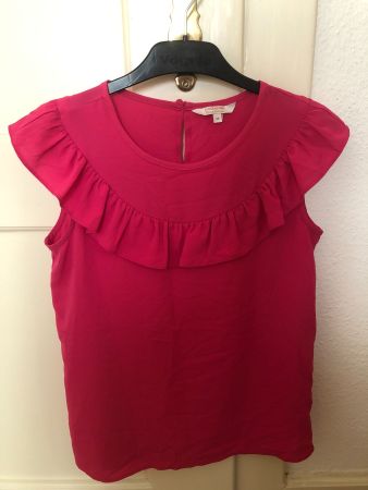 Clockhouse Bluse Top XS 34 Pink Fuchsia Rüschen Kurzarm C&A