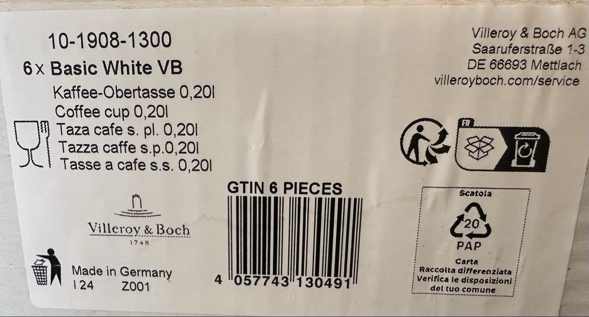 Villeroy & Boch Tazze: Villeroy & Boch "Basic White" Coffee Cups, 12 Cups – Nuovo e nell'imballaggio originale da Burgistein venduto da Averse 4