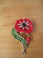 Schmuck Brosche Mohn Blume rot grün Strass Gold Ton