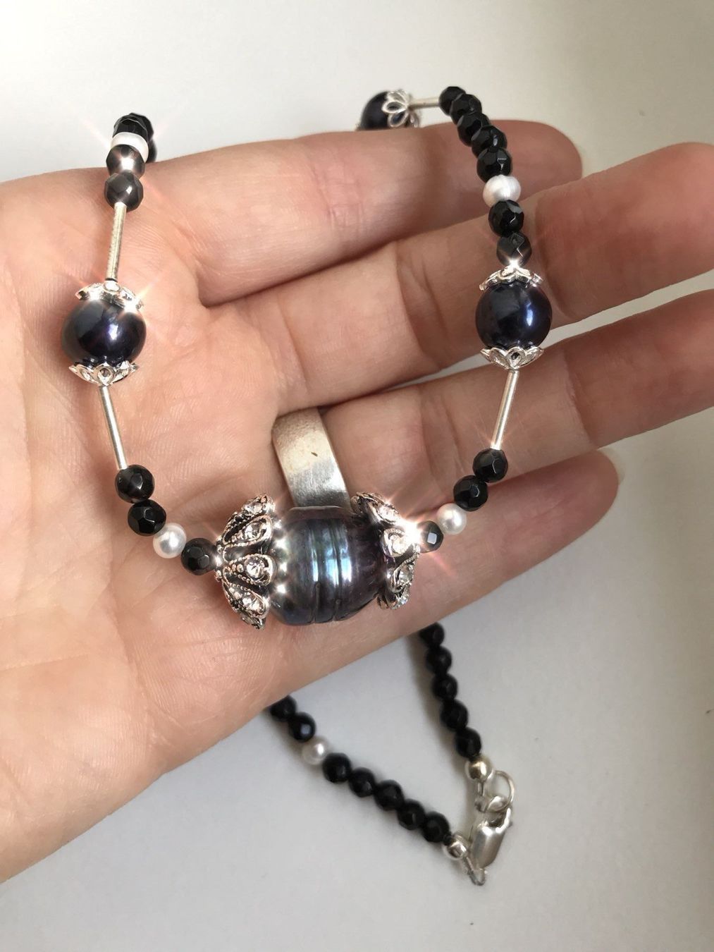 Onyx Catenine: Süsswasserperle, Onyx Collier, 925 S. – Nuovo (secondo la descrizione) da Basel venduto da Chili007 2