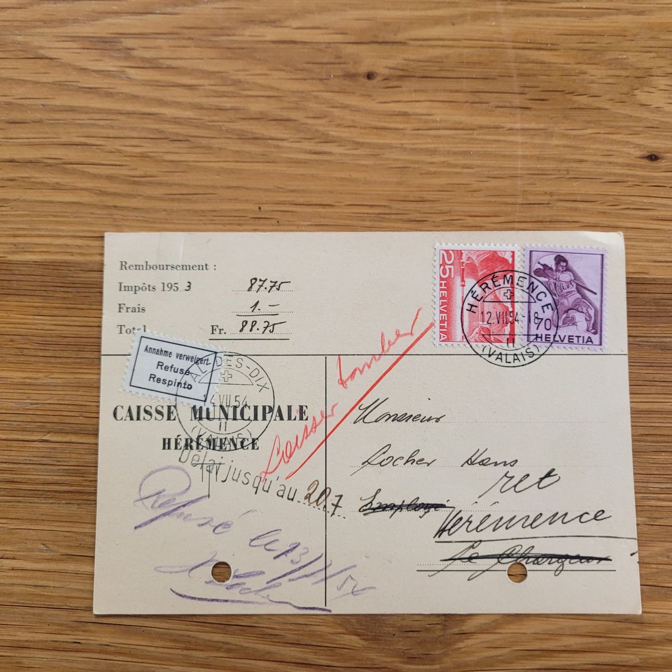Tutti i francobolli: Dokument Hérémence 1954 Val Des Dix – Usato da Biel/Bienne venduto da Destockweb