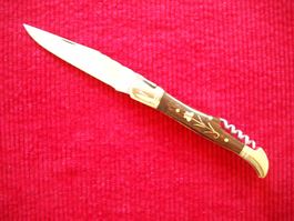 Laguiole Taschenmesser Edelstahl, Rosenholz-Griff, Lederetui