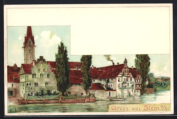 Cartoline postali: Stein a. Rh., Ortspartie mit Kirche, um  – Usato da Berlin venduto da bartko-reher