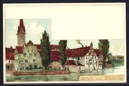 Stein a. Rh., Ortspartie mit Kirche, um 