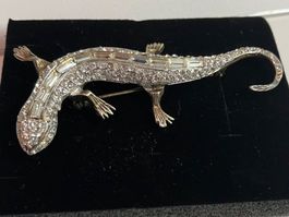 Broche Vintage lézard  En Argent 835 strass brillant