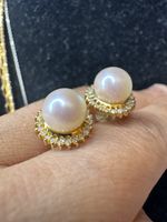 18k Gold Ohringge 9mm FrischWasser Perlen & 0.360 ct Dia