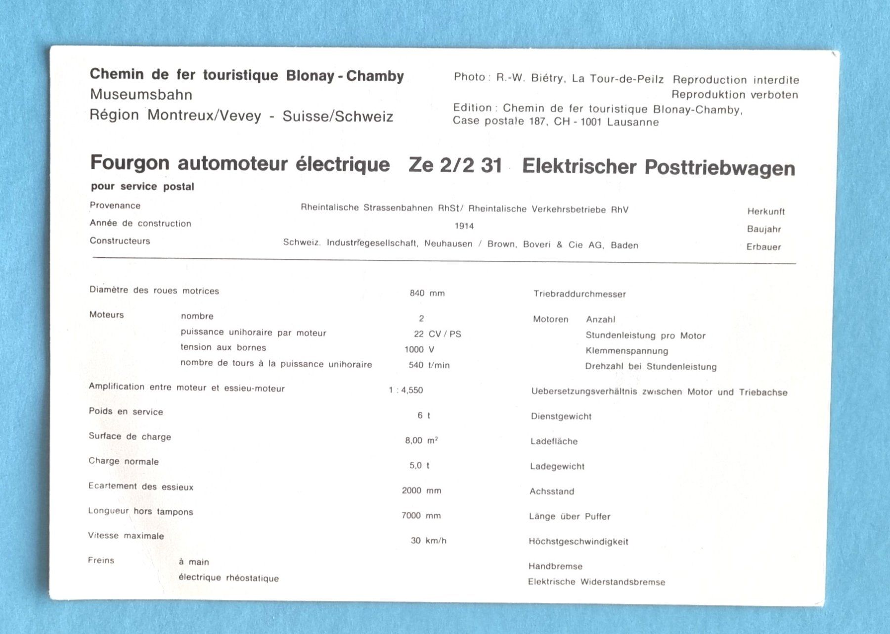Cartoline postali: Chemin de Fer Bonay - Chamby - Elektrischer Post Triebwagen – Usato da Rothrist venduto da RROENK 1