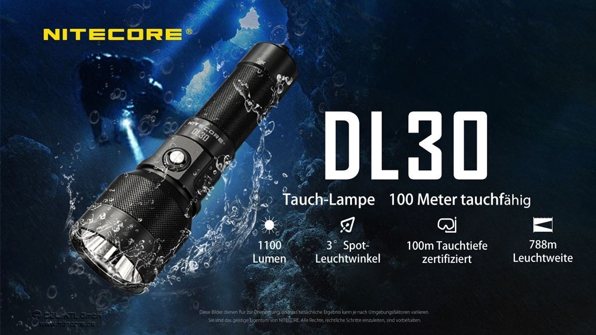 NiteCore Lampade: Nitecore Tauchlampe DL30 - 100 Meter wasserdicht – Nuovo e nell'imballaggio originale da Grüningen venduto da Prolumin 1
