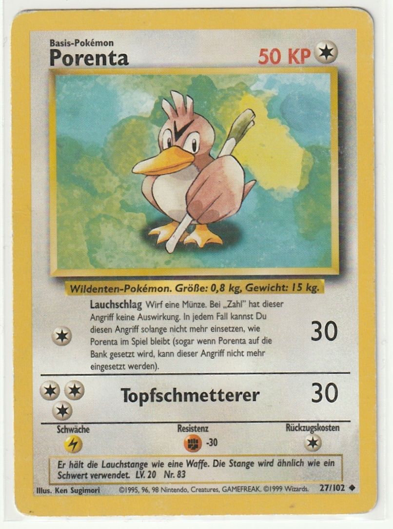 Pokémon Sammelbilder & Trading cards: Pokémon 1999 Porenta (27/102), Basis Base Set – Gebraucht aus Biel/Bienne von historian-198