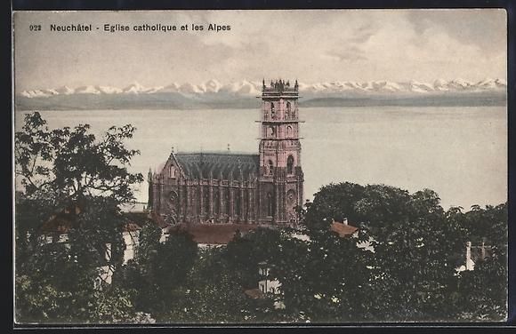 Cartoline postali: Neuchâtel, Eglise catholique et les Alp – Usato da Berlin venduto da bartko-reher