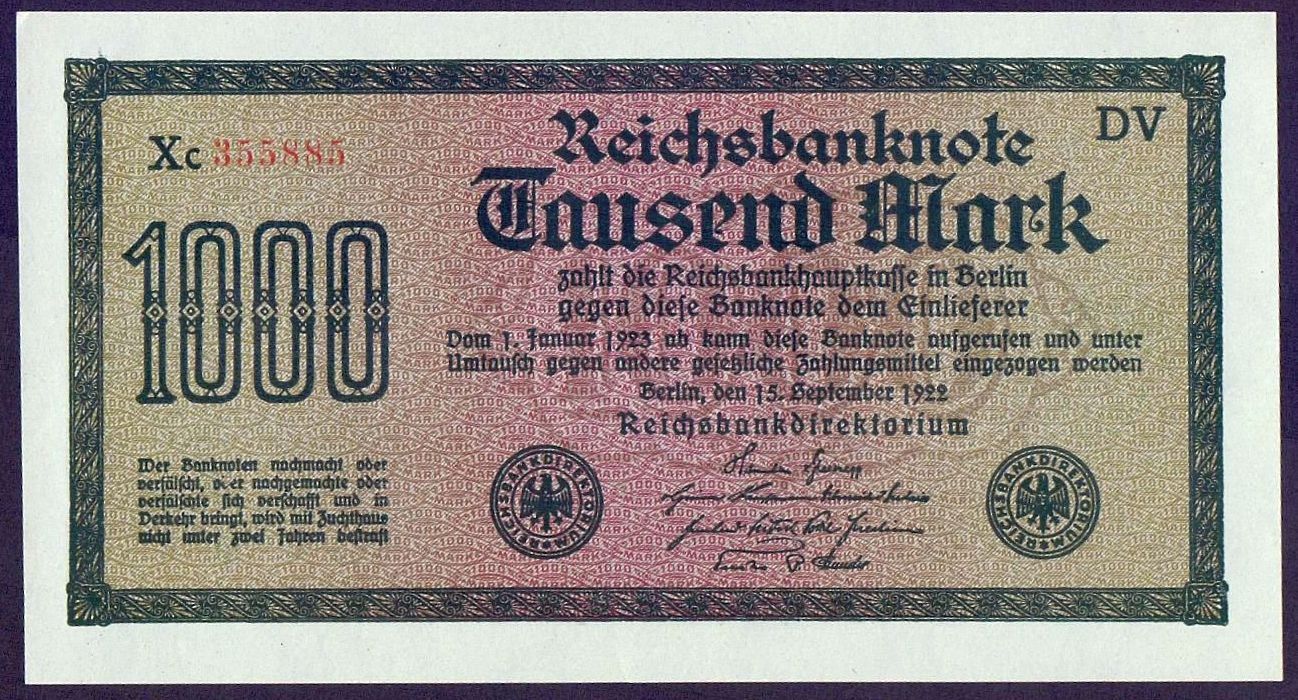 Banconote: 1000 Mark 1922 UNZ – Nuovo (secondo la descrizione) da Flamatt venduto da samowarow 2