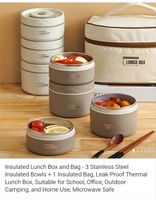Insulated Lunch Box 3 Bowls + Bag Beige New