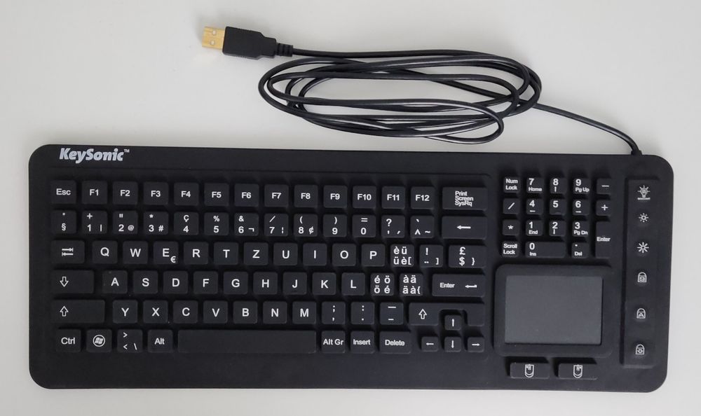 KeySonic Silikon-Mini-Tastatur Mit Touchpad – Wasserdicht (IP68), Staubdicht – USB, 87 Tasten, Deutsch – Schwarz