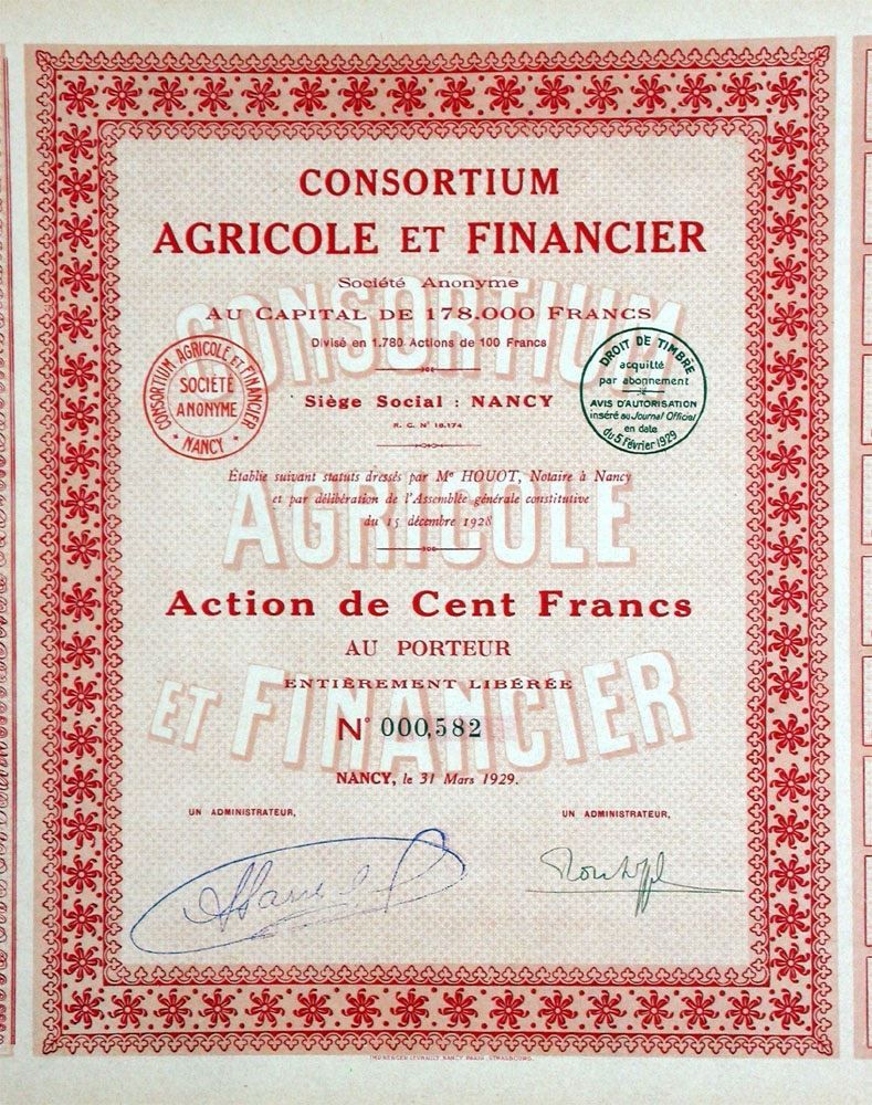 Dokumente: Consortium Agricole et Financier SA, Nancy - 1929 – Gebraucht aus Solothurn von Sgasche