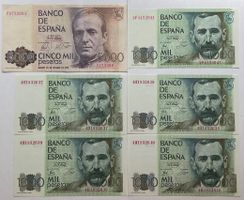 6 Banknoten aus Spanien von Total 10000 Pesetas von 1979