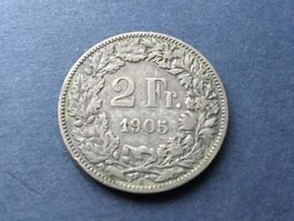 2 Franken Silbermünze 1905 .  ungereinigt