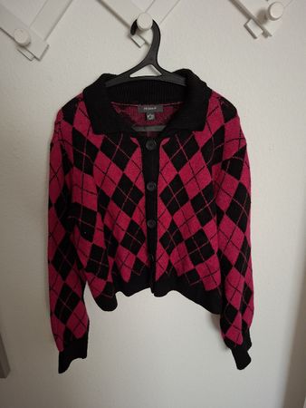 Strickjacke schwarz pink Rautenmuster XL