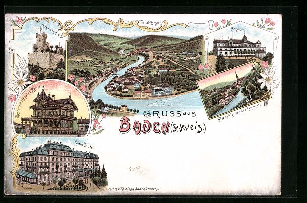 Cartoline postali: Litho Baden, Totalansicht, Schartenfels, – Usato da Berlin venduto da bartko-reher