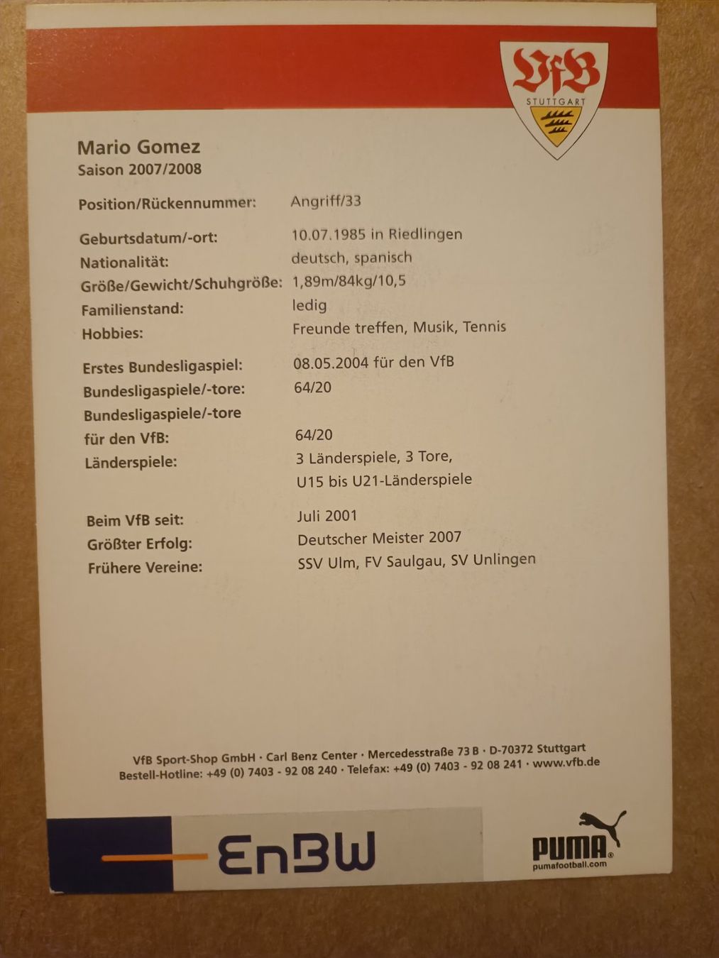 Autografi: Mario Gomez - handsignierte VfB Stuttgart Autogrammkarte – Usato da Menziken venduto da Artographs 1