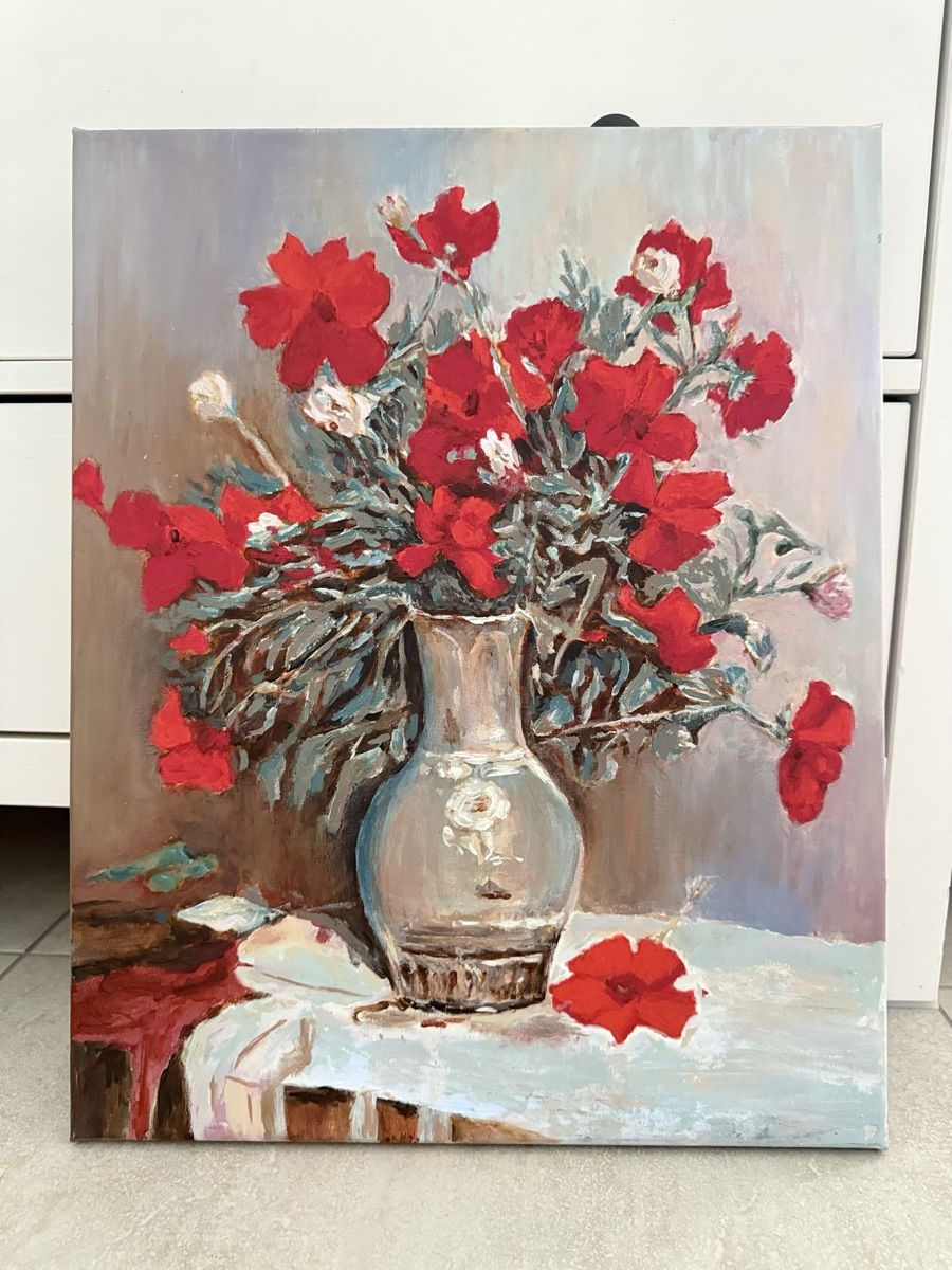 Dipinti: Gemälde auf Leinwand: Blumen in einer Vase. Handgemalt. – Nuovo e nell'imballaggio originale da Siselen BE venduto da Rolf131 6