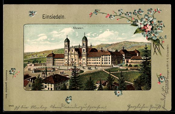 Cartoline postali: Lithographie Einsiedeln, Kloster mit großem Platz – Usato da Berlin venduto da bartko-reher