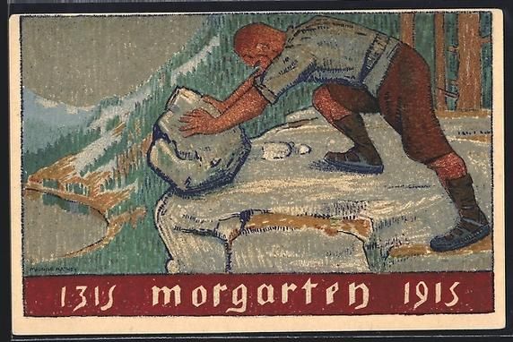 Cartoline postali: Morgarten, 1315-1915, Mann rollt Gestein – Usato da Berlin venduto da bartko-reher