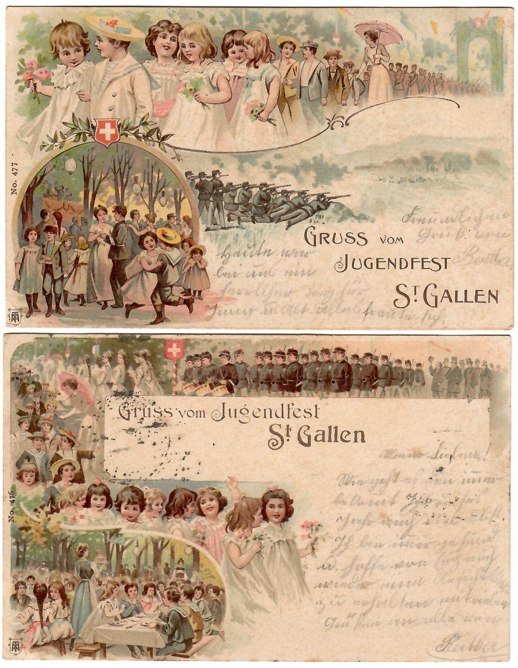 Cartoline postali: 2 Lithokarten  'Gruss vom Jugendfest St Gallen' – Usato da Kerns venduto da etma3